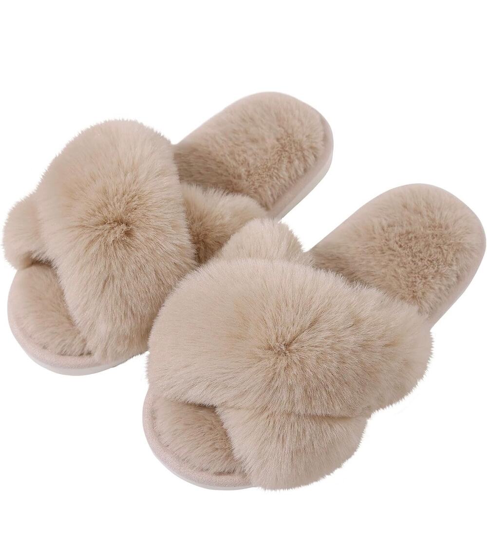 NWT Evshine Fuzzy Cross Band Open Toe Memory Foam Slippers Camel Size 8.5-9.5